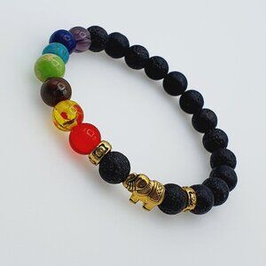 "Chakra Lava Stone Bracelet with Gold Elephant Charm, AZFA1069